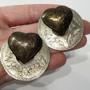 VTG Copper Silver T Floral Filigree Engraved Heart Southwestern Large Earrings